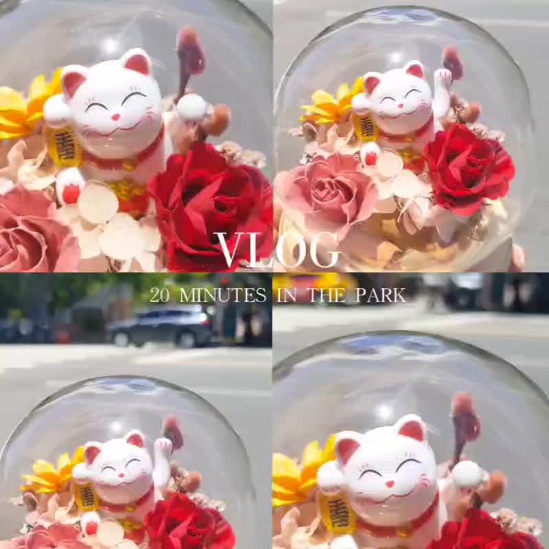 [Qu Ling Studio] Lucky Cat Glass Flower Cup Opening Flower Gift Lucky Flower Gift Lucky Cat - ช่อดอกไม้แห้ง - พืช/ดอกไม้ หลากหลายสี