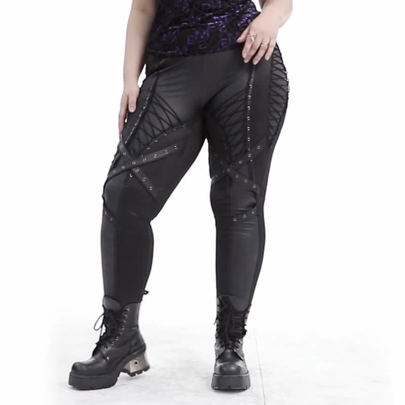 [Large Size] Punk Agent Faux Leather Shiny Split Trousers - กางเกงขายาว - วัสดุอื่นๆ สีดำ