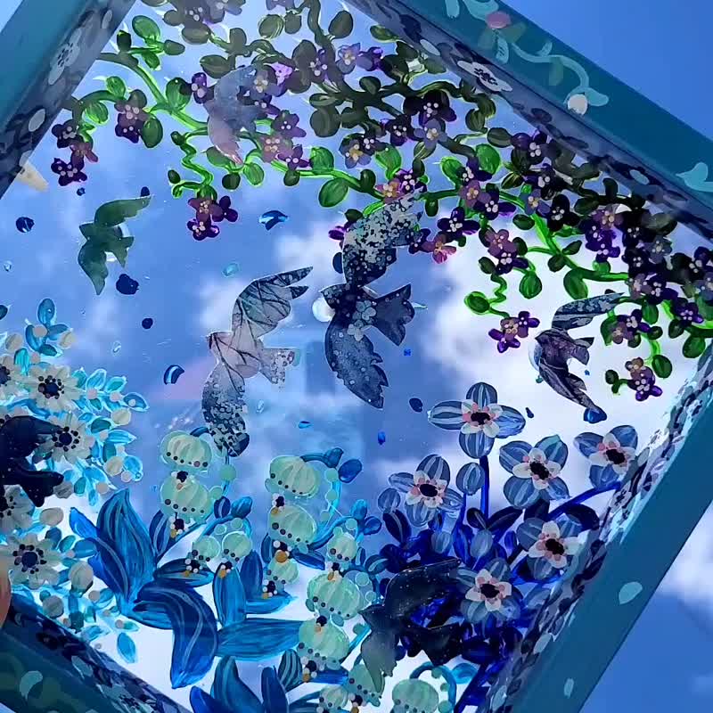 【受注生産/花庭散歩/青い鳥】　透明アート　影絵　インテリア　花　小鳥　オブジェ - 海報/掛畫/掛布 - 壓克力 藍色
