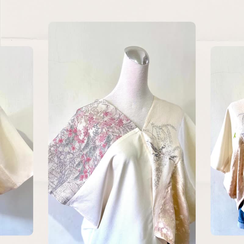 日式絲質不對稱米白色系拼接傳統紋樣圖騰刺繡花鳥四角衣氣質罩衫 - 背心/無袖上衣 - 其他人造纖維 白色