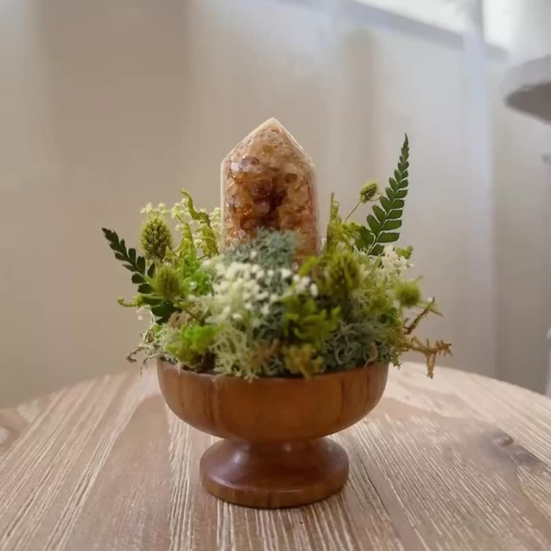 能量 焦糖黃水晶柱 。 微景觀永生葉材 綠植栽 - 盆栽/植栽 - 水晶 黃色