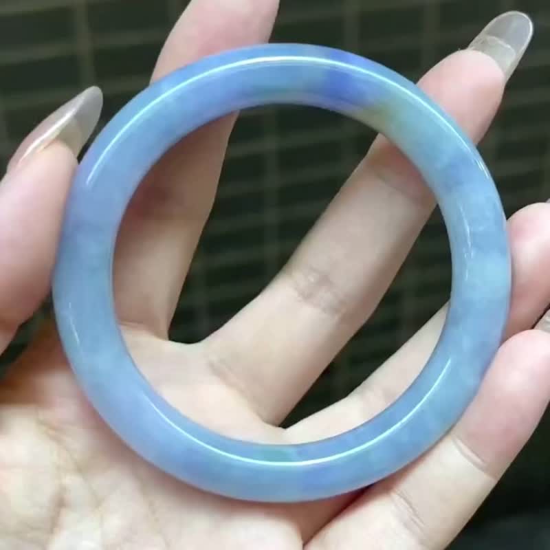 冰種 天然翡翠 緬甸 A玉 玉鐲 • 糯冰種木棉花翡翠圓鐲 - 手鍊/手環 - 玉石 藍色