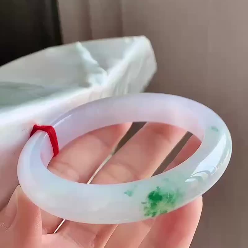 冰種 天然翡翠 緬甸 A玉 玉鐲 • 冰種白雪飄花翡翠福鐲 - 手鍊/手環 - 玉石 白色