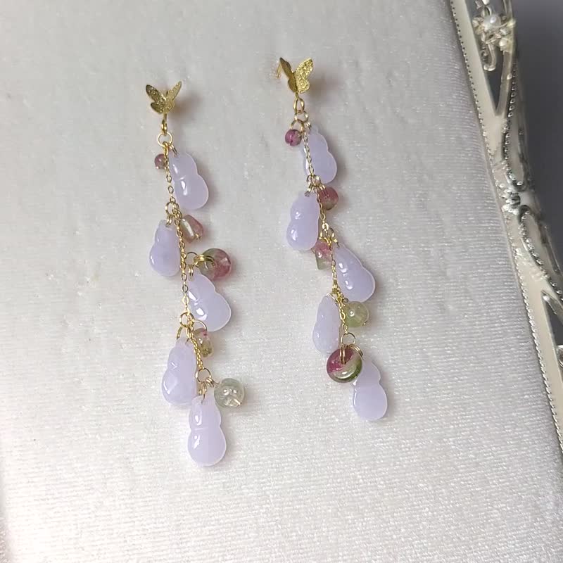 天然 翡翠 紫羅蘭 葫蘆 西瓜碧璽 招財 福祿 福氣 富貴 耳環 單品 - 耳環/耳夾/耳骨夾 - 寶石 紫色