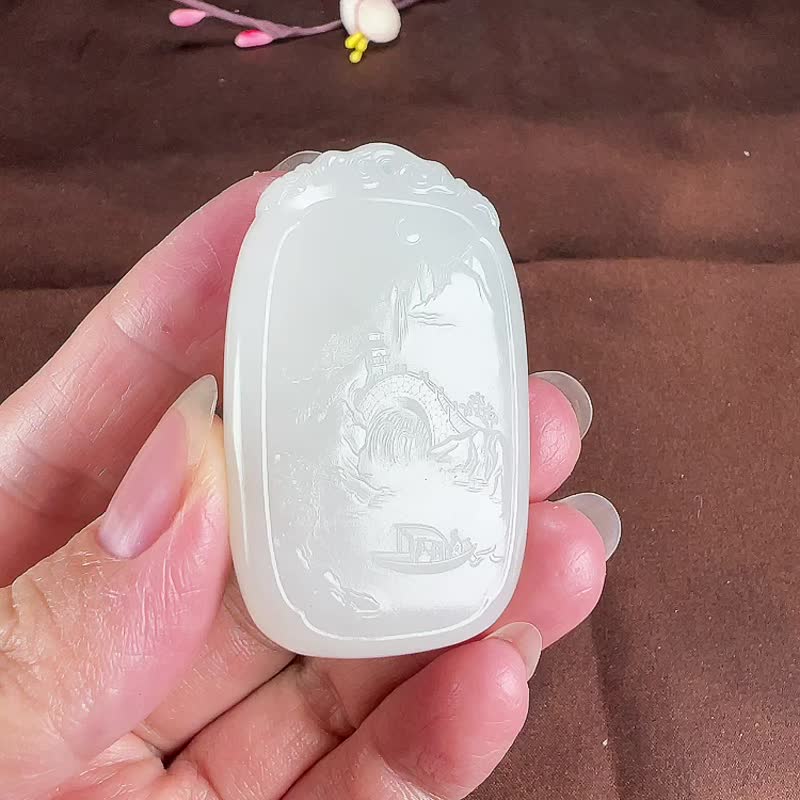 秒殺價 天然新疆和田玉羊脂玉山水意境無事牌平安牌吊墜 - 吊飾/掛飾 - 玉石 