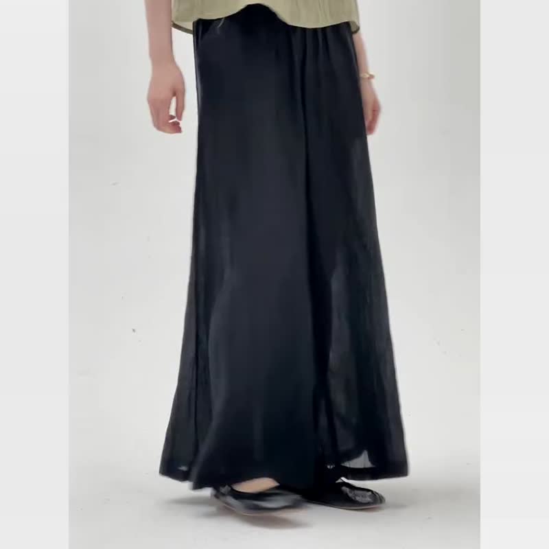 Khaki/Black Ramie Lightweight Wide Leg Pants High Waist Drape Linen and Linen Commuter Casual Long Pants One Size - กางเกงขายาว - ผ้าฝ้าย/ผ้าลินิน สีดำ