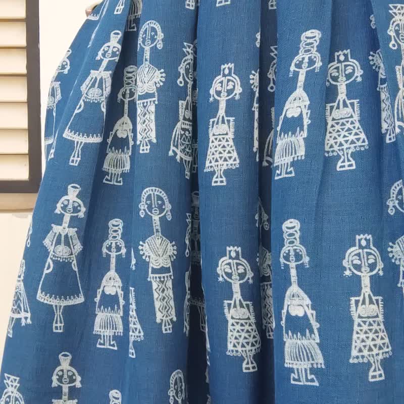 Kayan Skirt -  印花長領人舒適裙 - 裙子/長裙 - 棉．麻 藍色