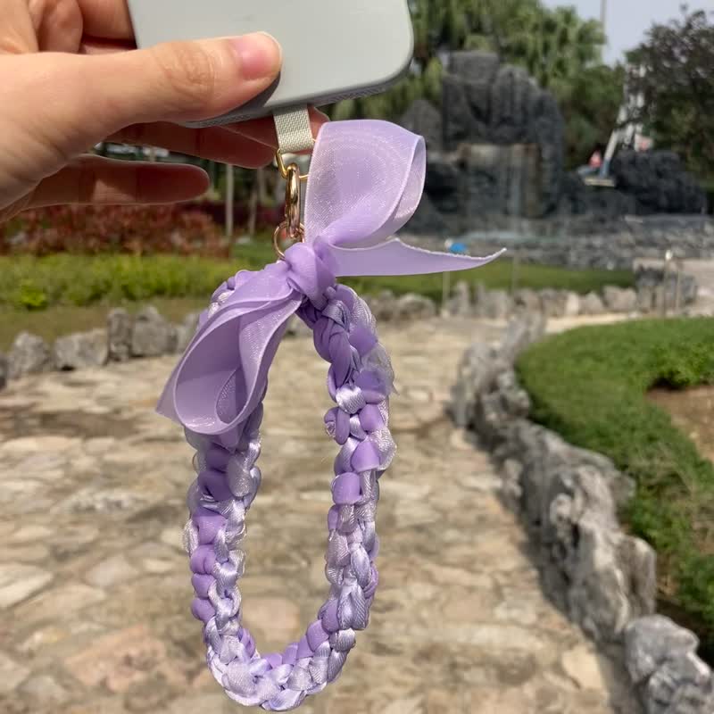 Purple bow braided mobile phone rope key chain 2Way [pure cotton silk material] - Phone Accessories - Other Man-Made Fibers Purple