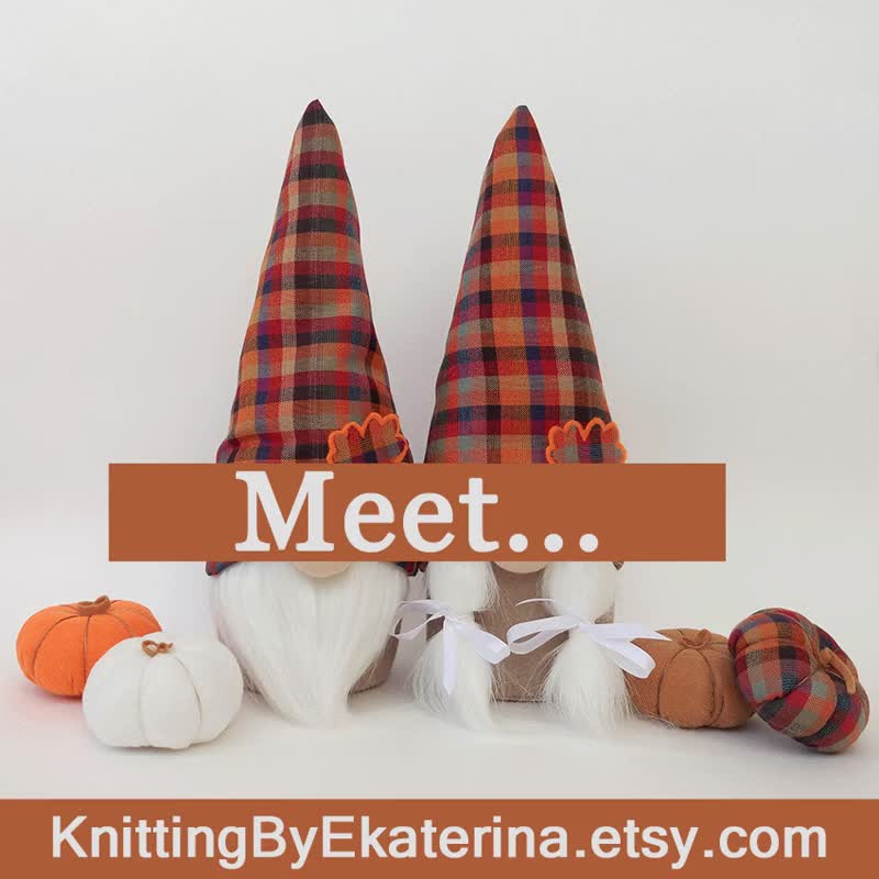 Fall Gnomes with 4 Pumpkins Autumn Gnome Family Halloween Gnome Stuffed Gnome - 公仔/玩偶 - 環保材質 咖啡色