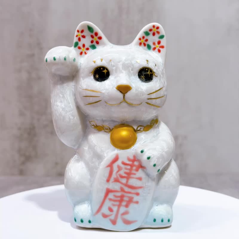 【福貓守護】日本清水燒招財貓 | 花結晶 水白 健康 右 - 擺飾/家飾品 - 瓷 白色