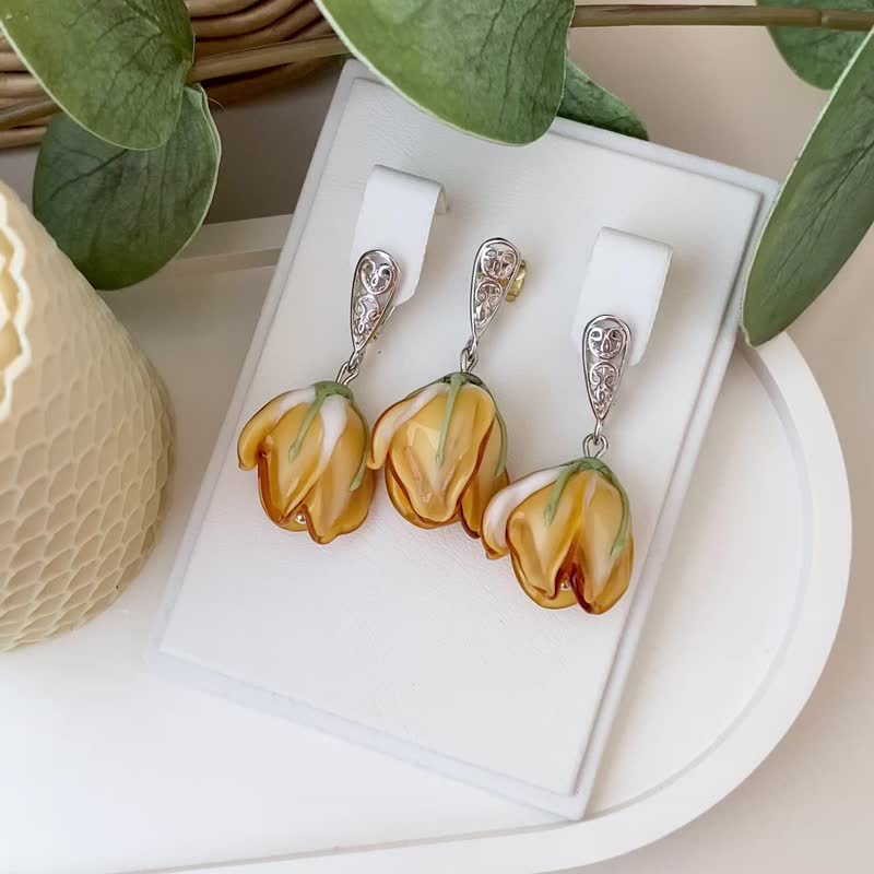 Women's Silver Set With Murano Glass Flowers / Rhodium Sterling Silver 925 - Earrings & Clip-ons - Sterling Silver Orange
