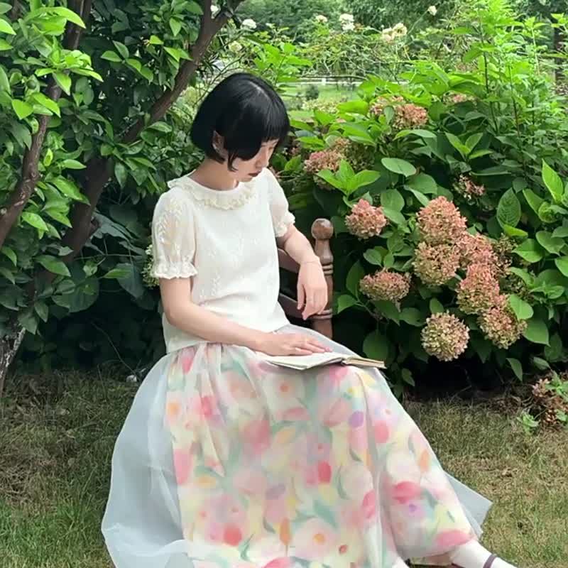 油畫花園霧紗裙 油彩花卉半身裙子 法式復古氛圍長裙 - 裙子/長裙 - 其他人造纖維 白色
