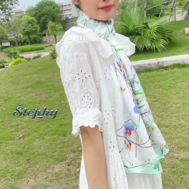 【蘭花圍巾】清雅蘭花長款絲巾配絲巾扣高貴禮盒 | 披肩 - 絲巾 - 其他材質 