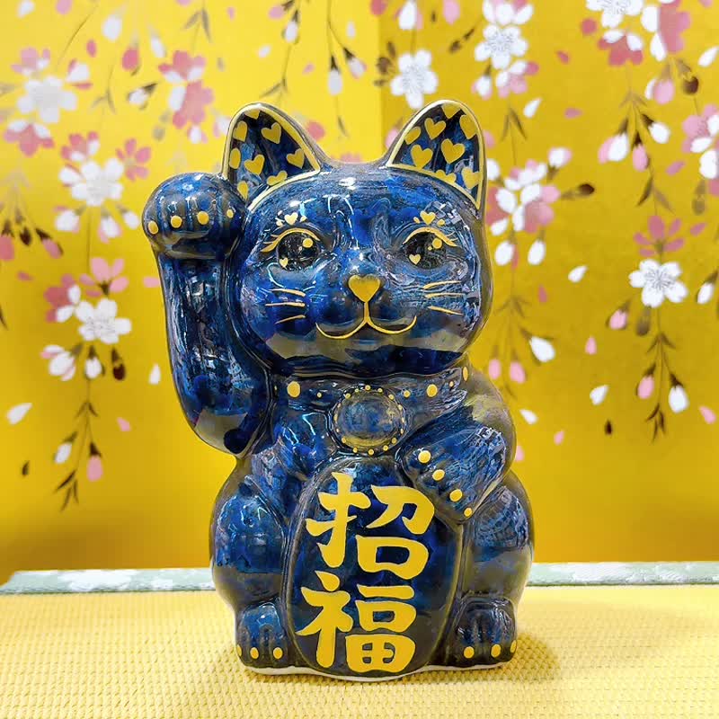【福心綻光】日本清水燒招財貓 | 青墨 - 金彩心 招福 - 擺飾/家飾品 - 瓷 藍色