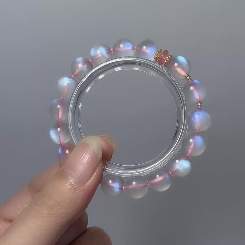 天然礦石 藍光 粉月光石 10 mm 粉碧璽 925純銀 手鍊 - 手鍊/手環 - 寶石 粉紅色