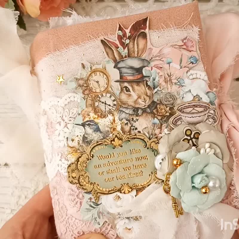 Fairy White rabbit journal blank Alice in Wonderland junk journal handmade 15*10 - 筆記本/手帳 - 紙 粉紅色