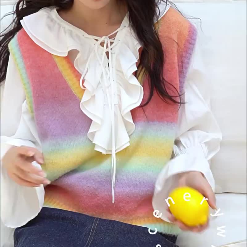 Rainbow Candy Literary Retro V-neck Knitted Vest Rainbow Gradient Knitted Vest Loose Stacking Vest - Women's Sweaters - Other Man-Made Fibers Multicolor