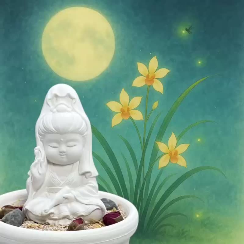 寶瓶觀音香氛擴香組 淨念吉祥小佛  珪藻砂中盤  插畫香氣療癒 - 香氛/精油/擴香 - 水泥 白色