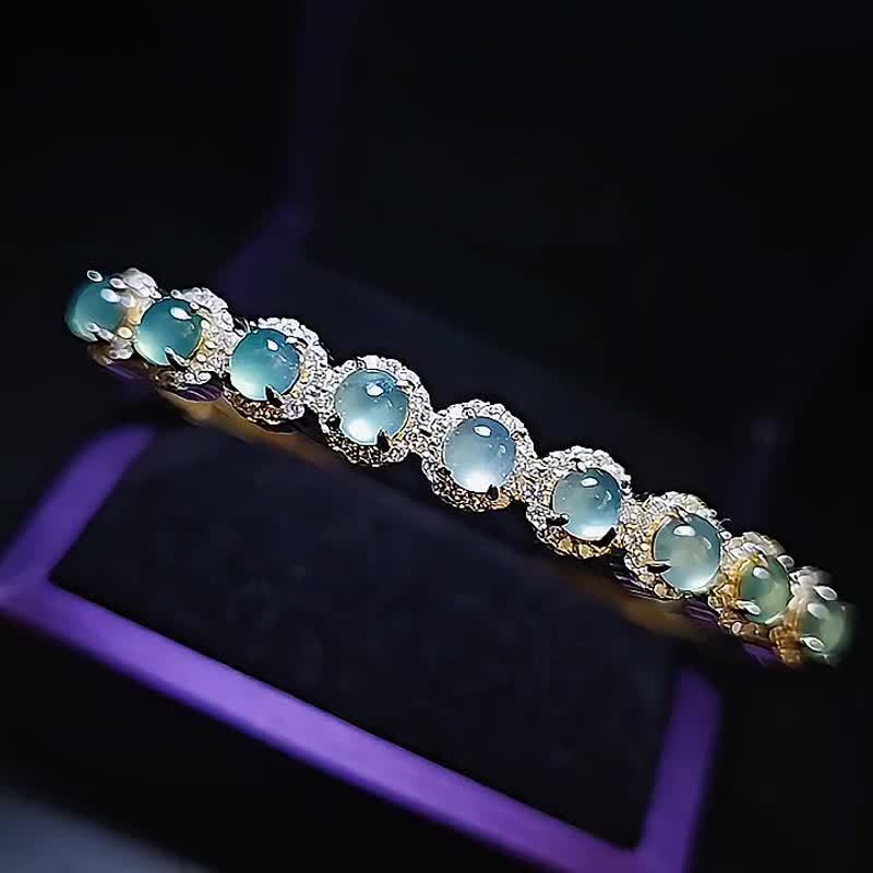 |Wealth is overflowing|a goods emerald ice glass light blue bar egg face 4.3mm sterling silver plated 18k bracelet chain - Bracelets - Jade 