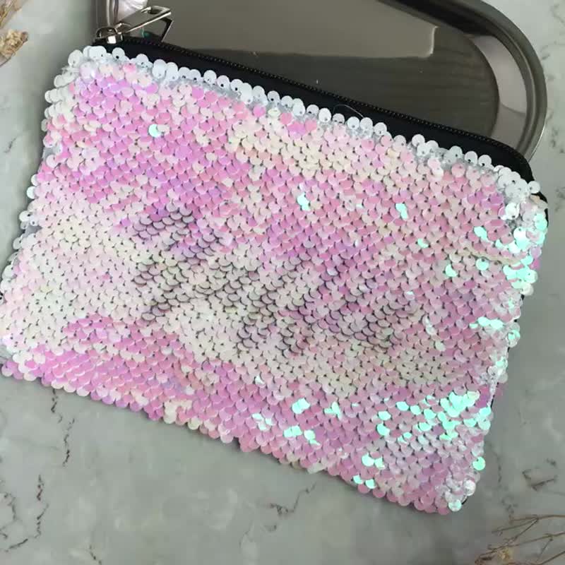 Customization | Colorful sequins with printed text/leather cosmetic bag/storage bag - กระเป๋าเครื่องสำอาง - หนังเทียม หลากหลายสี