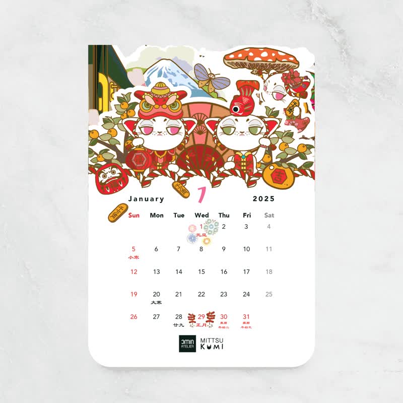 2025 New Lucky Cat Illustration Small Desk Calendar - ปฏิทิน - กระดาษ ขาว