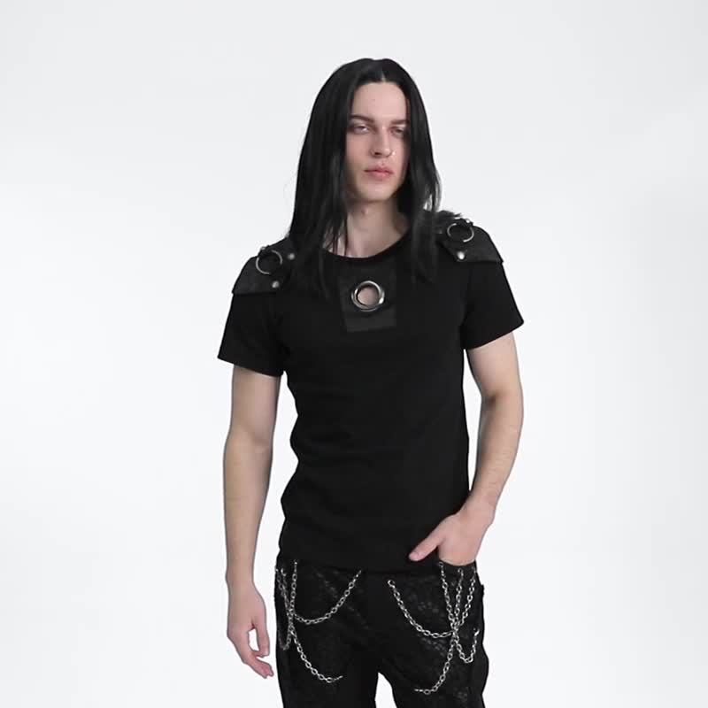 Punk heart chakra shoulder armor leather knitted cotton top / detachable shoulder straps - เสื้อยืดผู้ชาย - วัสดุอื่นๆ สีดำ