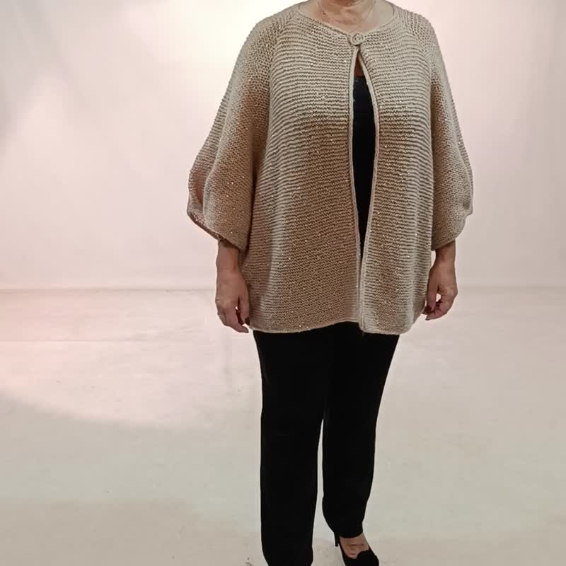 Women's festive cardigan hand knitted beige from angora with sequins oversized - ชุดราตรี - ขนแกะ สีทอง