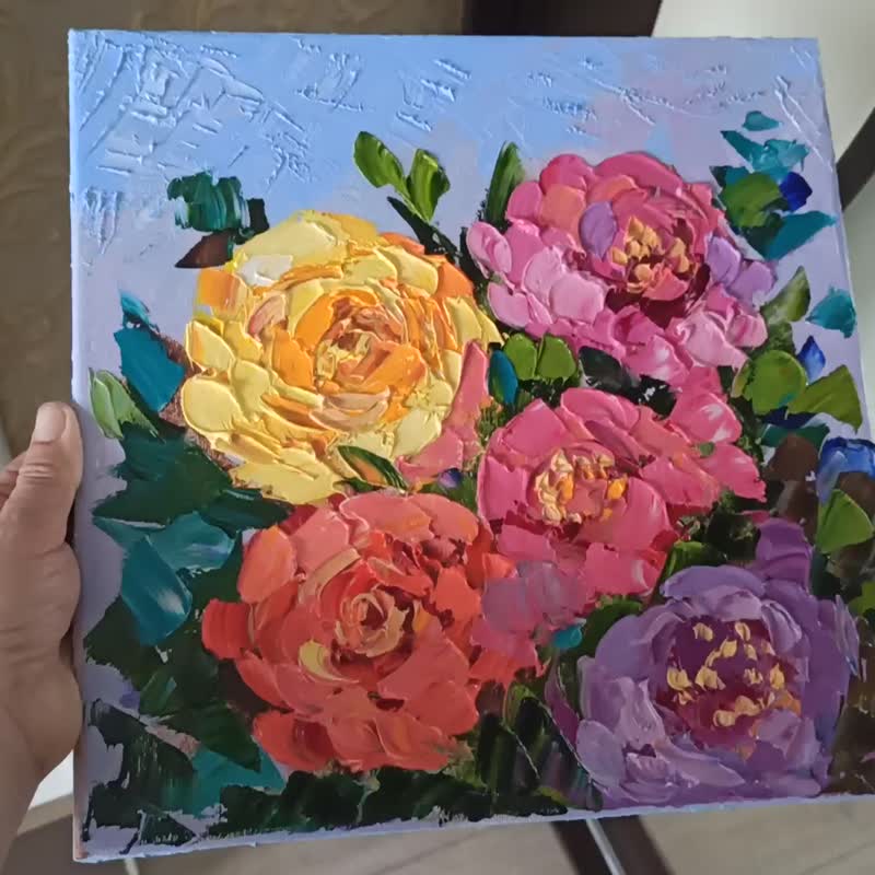 Roses Painting Flower Original Art Roses Oil Painting on Canvas 30x30cm - 海報/掛畫/掛布 - 其他材質 