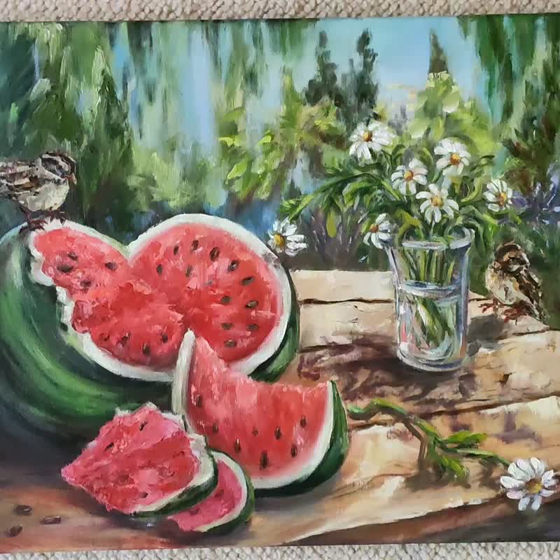 Original Handmade Oil Painting outlet Fresh Cut Watermelon Fruit painting artwork for kitchen Wall Art 20 by 16