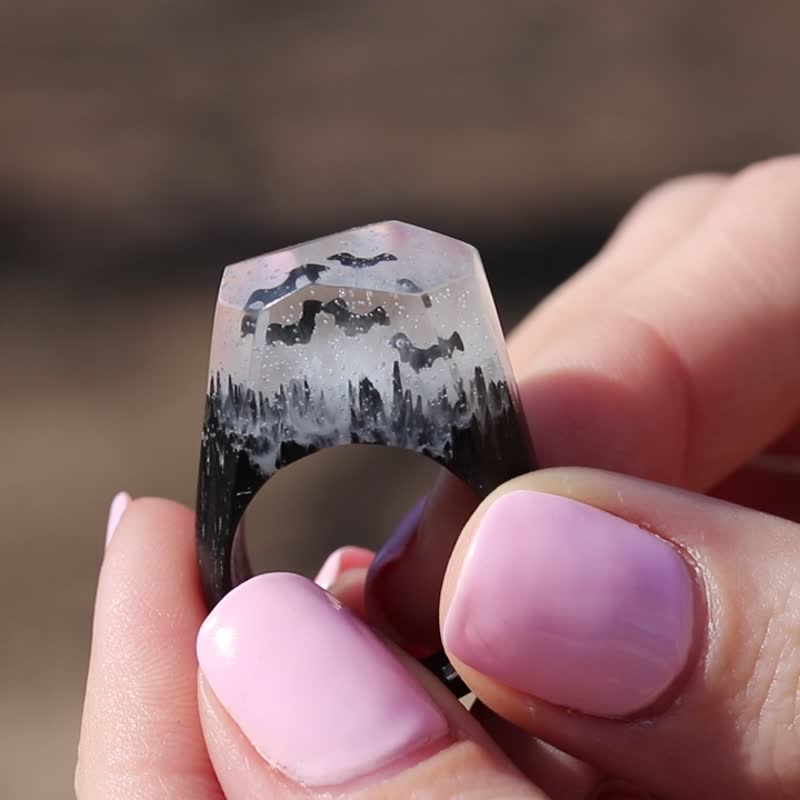 Wooden resin Ring Black Bat for halloween perfect gift for women and men - General Rings - Wood Black