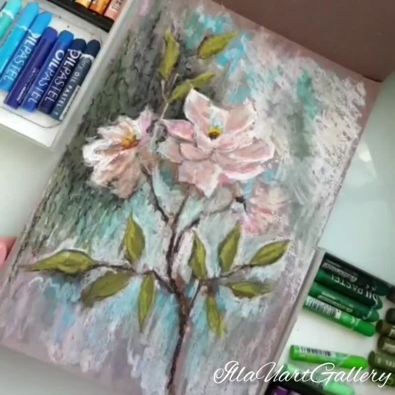 Rose Painting Flower Original Art Floral Wall Art Floral Oil Pastel Painting - 海報/掛畫/掛布 - 其他材質 多色