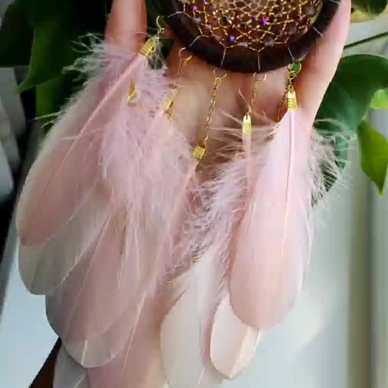 Handcrafted Blush Pink Dreamcatcher with Gold Beads and Crystals - ตกแต่งผนัง - งานปัก สึชมพู