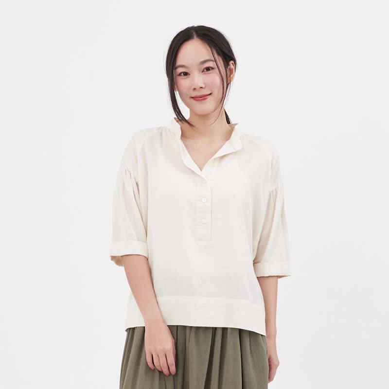 Helen Linen Cotton Wide Shirt Top Linen - เสื้อผู้หญิง - ผ้าฝ้าย/ผ้าลินิน สีกากี