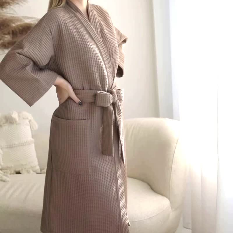 男士女士浴袍棉質華夫格睡袍晨衣 NK05 - 居家服/睡衣 - 棉．麻 卡其色