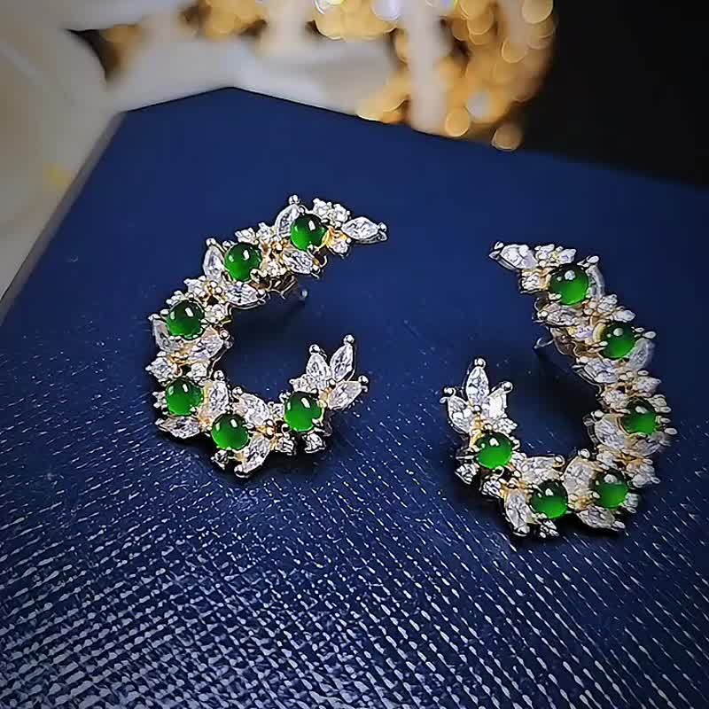 |Have money to spend|A grade jadeite ice glass green egg surface 3mm sterling silver plated 18k white wreath luxury inlaid earrings - Earrings & Clip-ons - Jade 