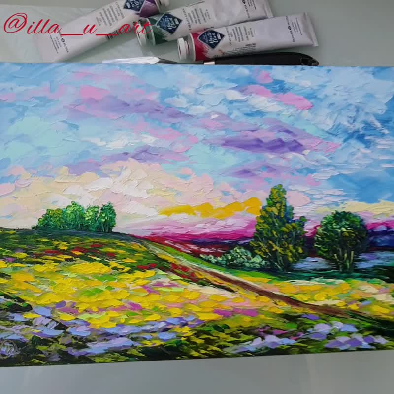 Sunflowers Painting Landscape Original Art Tree Wall Art Impasto Oil Painting - 海報/掛畫/掛布 - 其他材質 多色