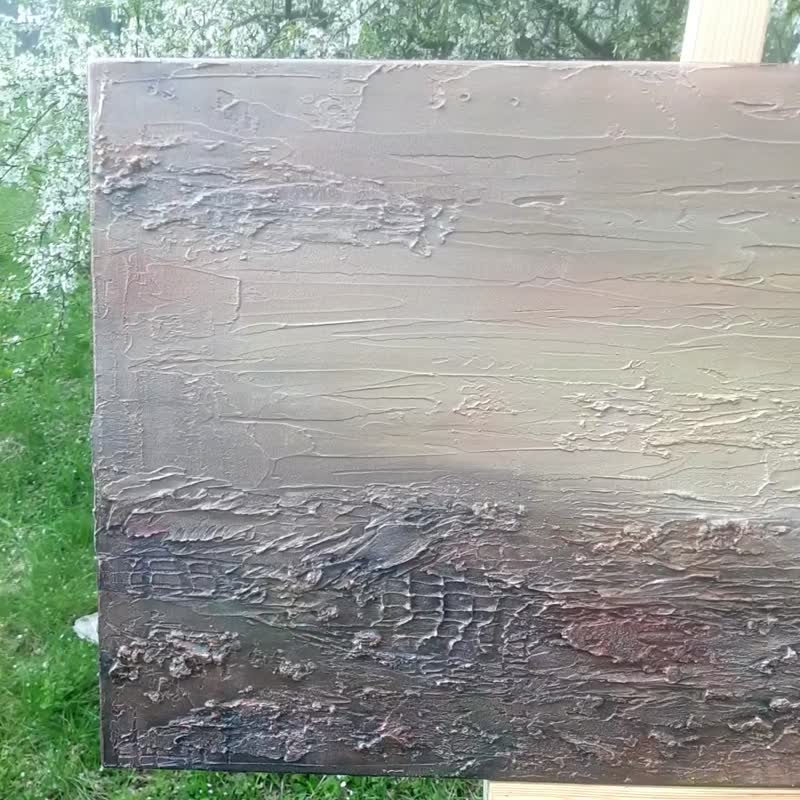 Horizontal abstract painting from the artist, a landscape in brown earthy shades - 壁貼/牆壁裝飾 - 其他金屬 咖啡色