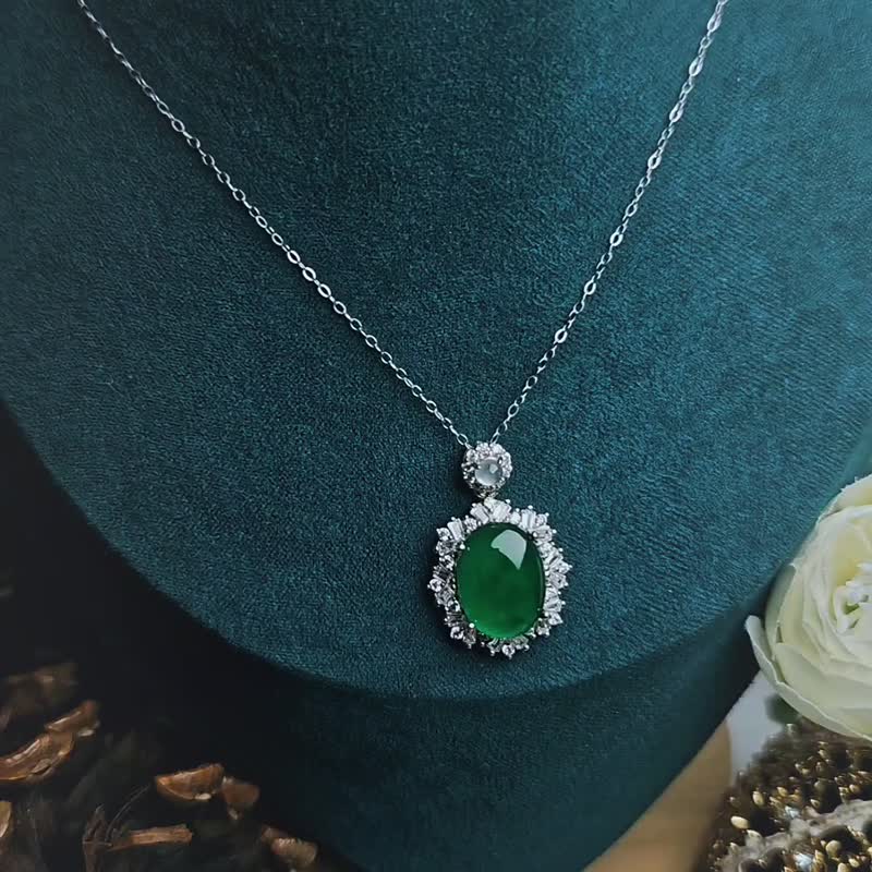 |Wealth|A-grade jade old pit ice glass big green egg sterling silver luxury pendant necklace - สร้อยคอ - หยก 