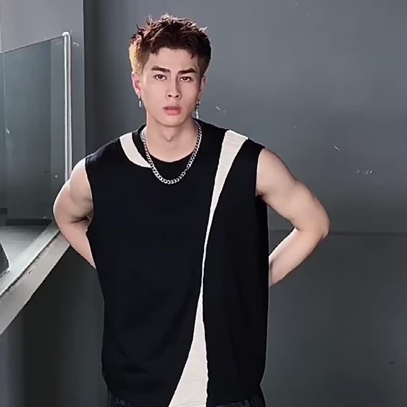 Summer knit stitching sleeveless T-shirt for men's casual top - Men's Tank Tops & Vests - Polyester Black