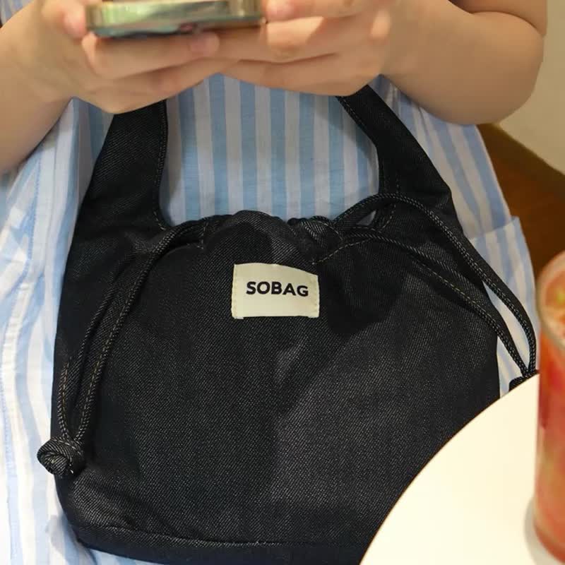 sobag日系牛仔布手拎單肩腋下包女簡約復古ins抽繩手挽手提小布包 - 手提包/手提袋 - 其他材質 藍色