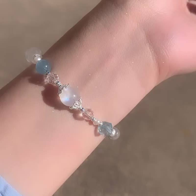 925純銀 水晶手鍊 月光石 海藍寶 白水晶 淡水珍珠 手作飾品 - 手鍊/手環 - 水晶 藍色