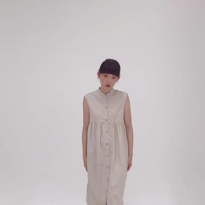 Mandarin Collar Sleeveless Dress - Beige - One Piece Dresses - Cotton & Hemp Khaki