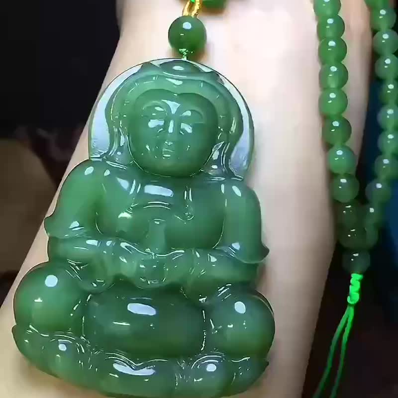 Second-kill price collection-grade natural Hetian jasper Guanyin pendant with gear and jasper 6mm 108 beads chain - สร้อยคอ - หยก 