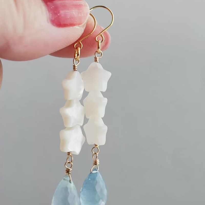 Aquamarine Mother of Pearl Earrings Clip-On Charms - ต่างหู - หิน สีน้ำเงิน