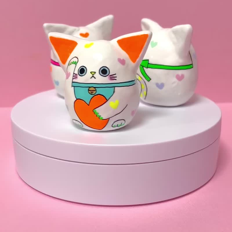 招財貓【大】橘色耳朵 心形 - 擺飾/家飾品 - 黏土 橘色