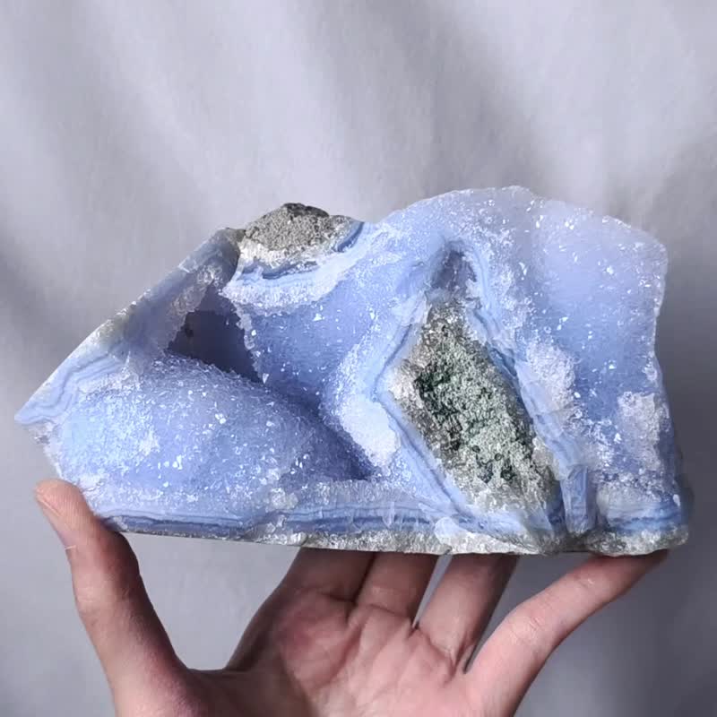 稀有冰藍紋瑪瑙原礦 保護之石 晶洞 收藏 居家風水擺件 單品 禮物 - 擺飾/家飾品 - 寶石 藍色