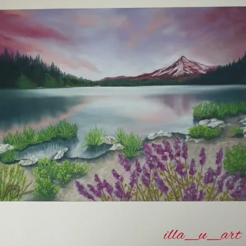 Mount Painting Lake Original Art Landscape Artwork Sunrise Soft Pastel Painting - 海報/掛畫/掛布 - 其他材質 多色