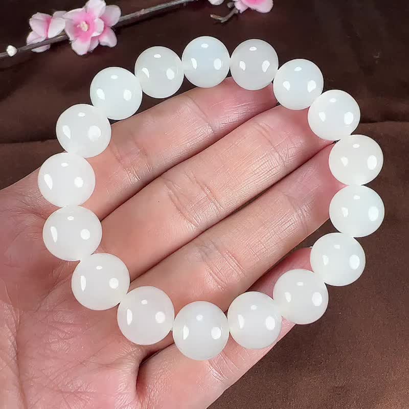 秒殺 天然新疆和田玉羊脂玉12mm圓珠手鏈 - 手鍊/手環 - 玉石 