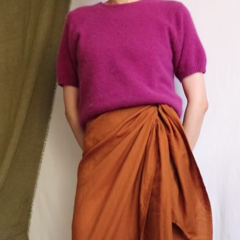 【 古着美品 】莓果粉圓領短袖安哥拉兔毛針織毛衣 尺寸約S-M - 女毛衣/針織衫 - 羊毛 