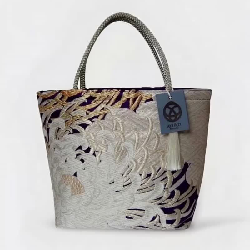 獨一無二真絲和服袋帶托特包, 日本手工刺繡升級改造包, 和風藝術 - 手提包/手提袋 - 絲．絹 銀色
